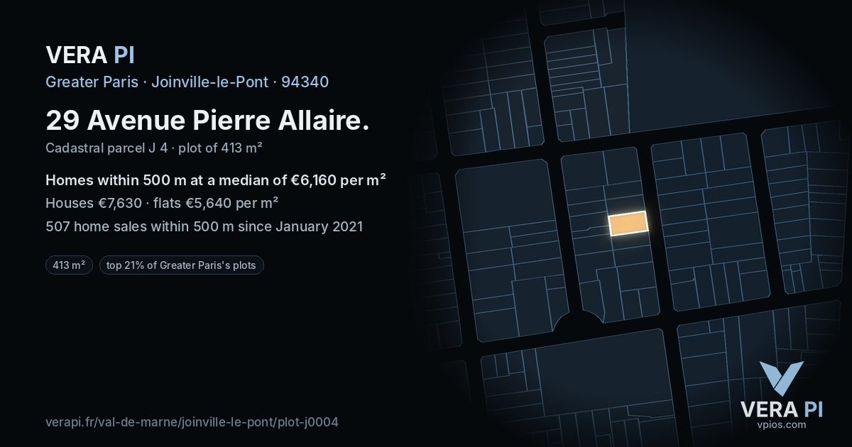 29 Avenue Pierre Allaire, Joinville-le-Pont at night – the plot lit, the parcels around coloured by the prices near them