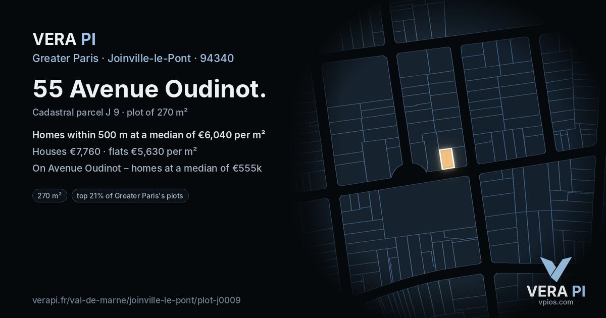 55 Avenue Oudinot, Joinville-le-Pont at night – the plot lit, the parcels around coloured by the prices near them