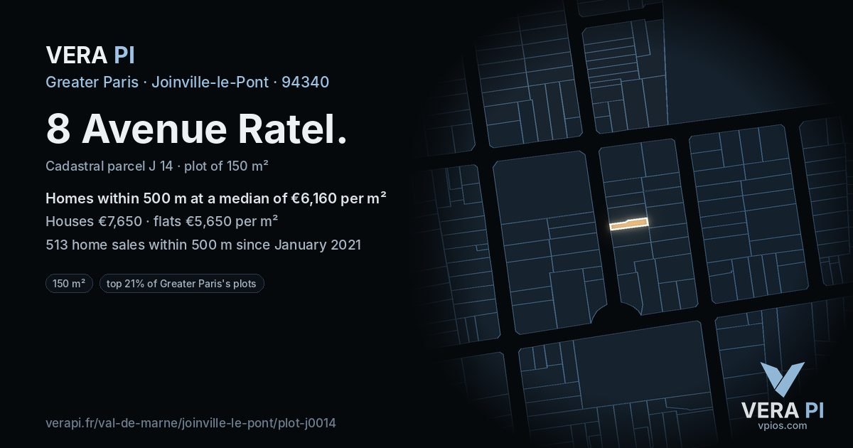 8 Avenue Ratel, Joinville-le-Pont at night – the plot lit, the parcels around coloured by the prices near them