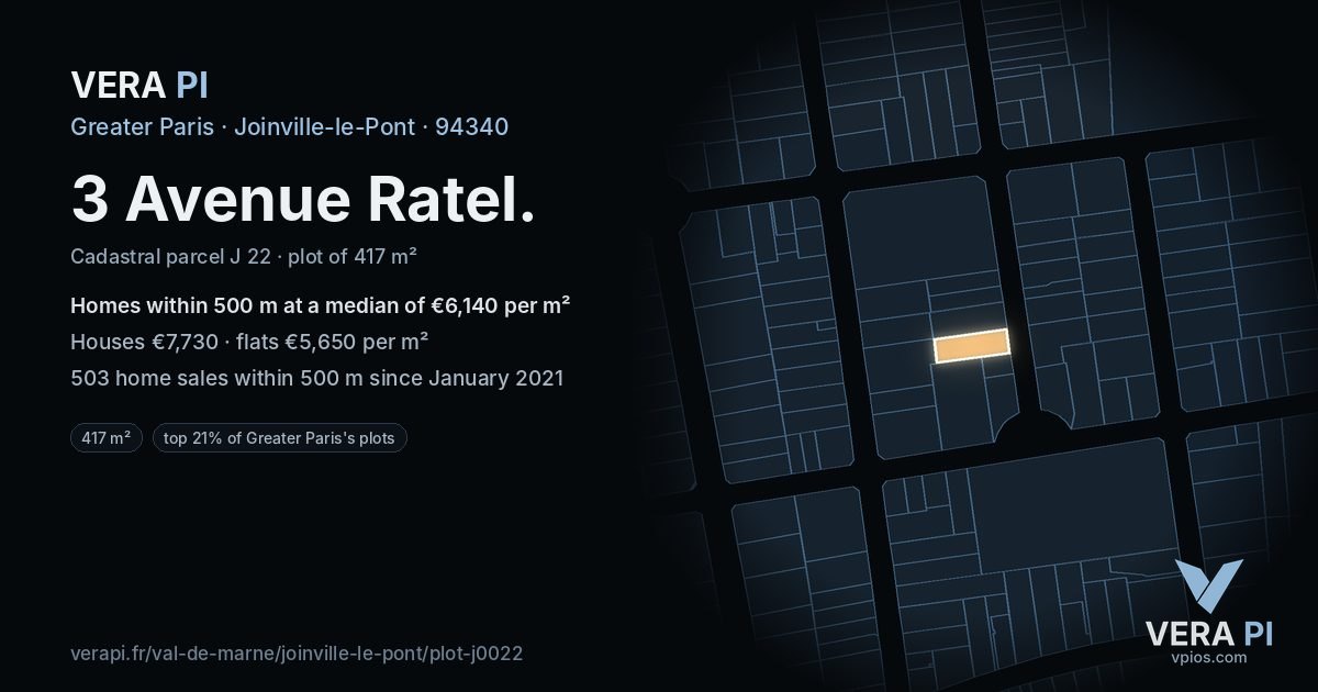 3 Avenue Ratel, Joinville-le-Pont at night – the plot lit, the parcels around coloured by the prices near them