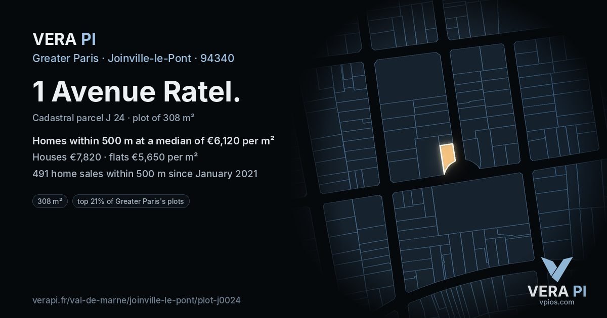 1 Avenue Ratel, Joinville-le-Pont at night – the plot lit, the parcels around coloured by the prices near them