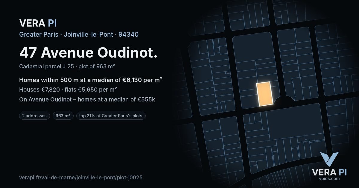 47 Avenue Oudinot, Joinville-le-Pont at night – the plot lit, the parcels around coloured by the prices near them