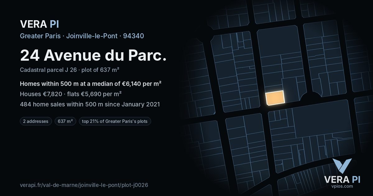 24 Avenue du Parc, Joinville-le-Pont at night – the plot lit, the parcels around coloured by the prices near them