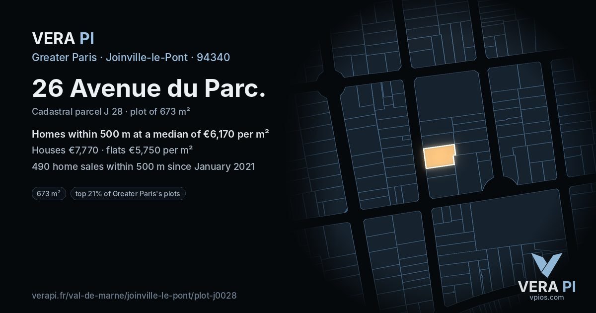 26 Avenue du Parc, Joinville-le-Pont at night – the plot lit, the parcels around coloured by the prices near them