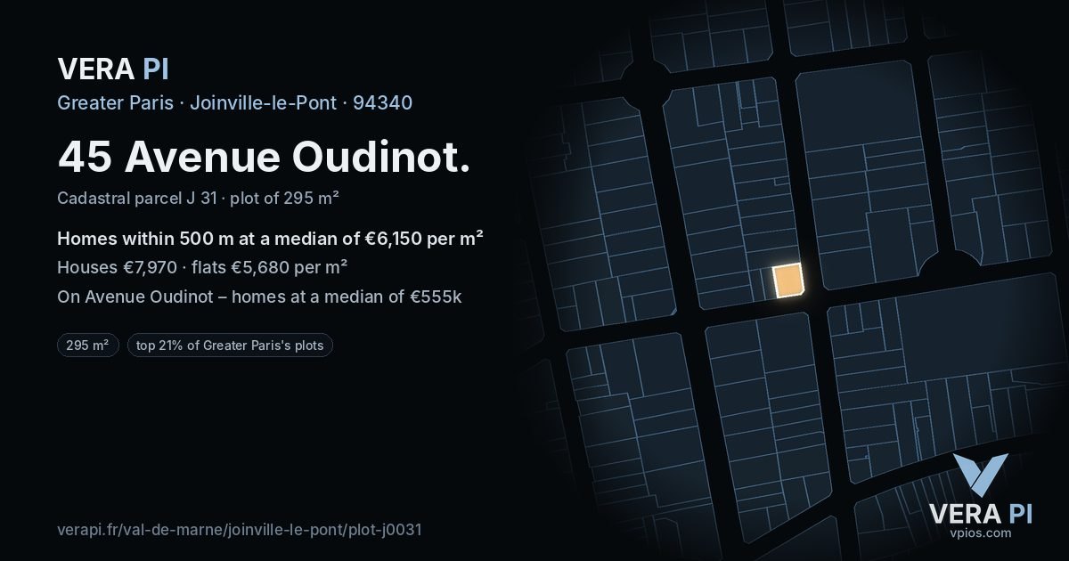 45 Avenue Oudinot, Joinville-le-Pont at night – the plot lit, the parcels around coloured by the prices near them