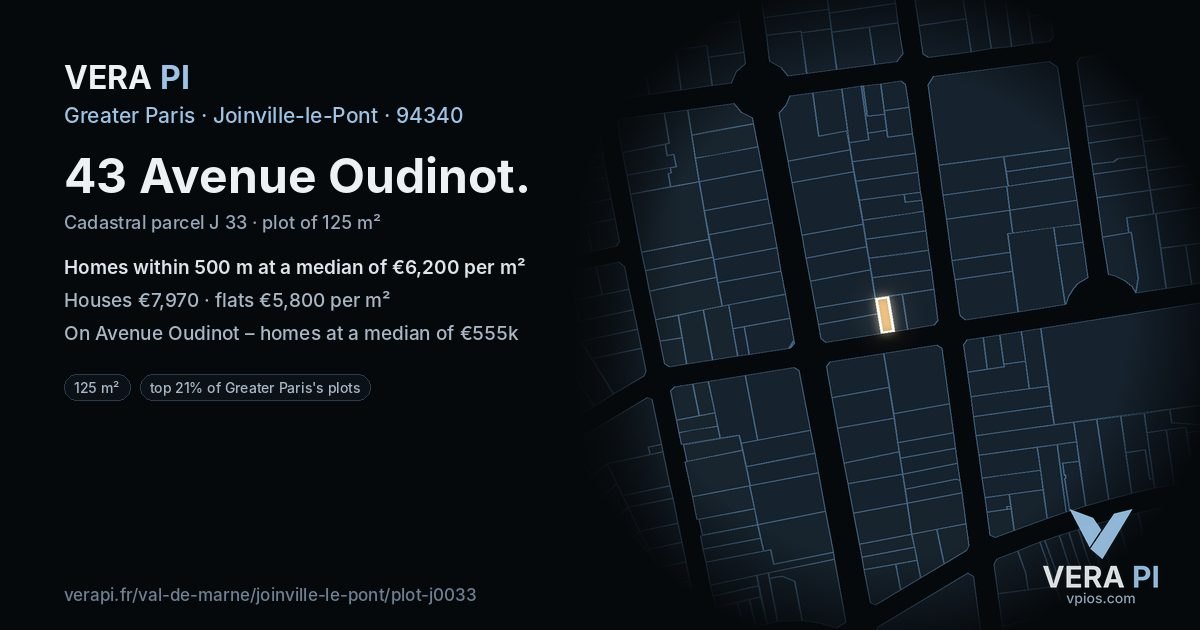 43 Avenue Oudinot, Joinville-le-Pont at night – the plot lit, the parcels around coloured by the prices near them