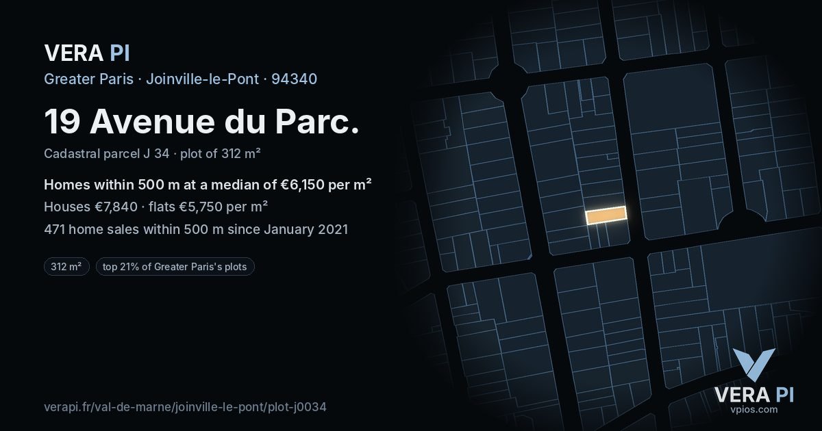 19 Avenue du Parc, Joinville-le-Pont at night – the plot lit, the parcels around coloured by the prices near them