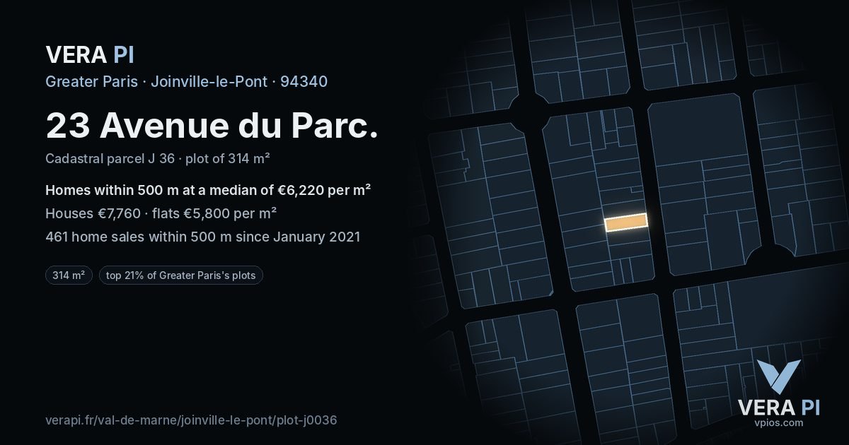 23 Avenue du Parc, Joinville-le-Pont at night – the plot lit, the parcels around coloured by the prices near them