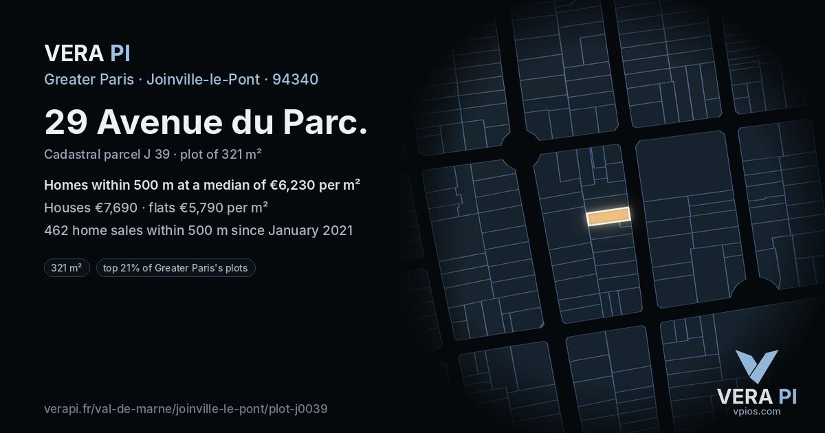 29 Avenue du Parc, Joinville-le-Pont at night – the plot lit, the parcels around coloured by the prices near them