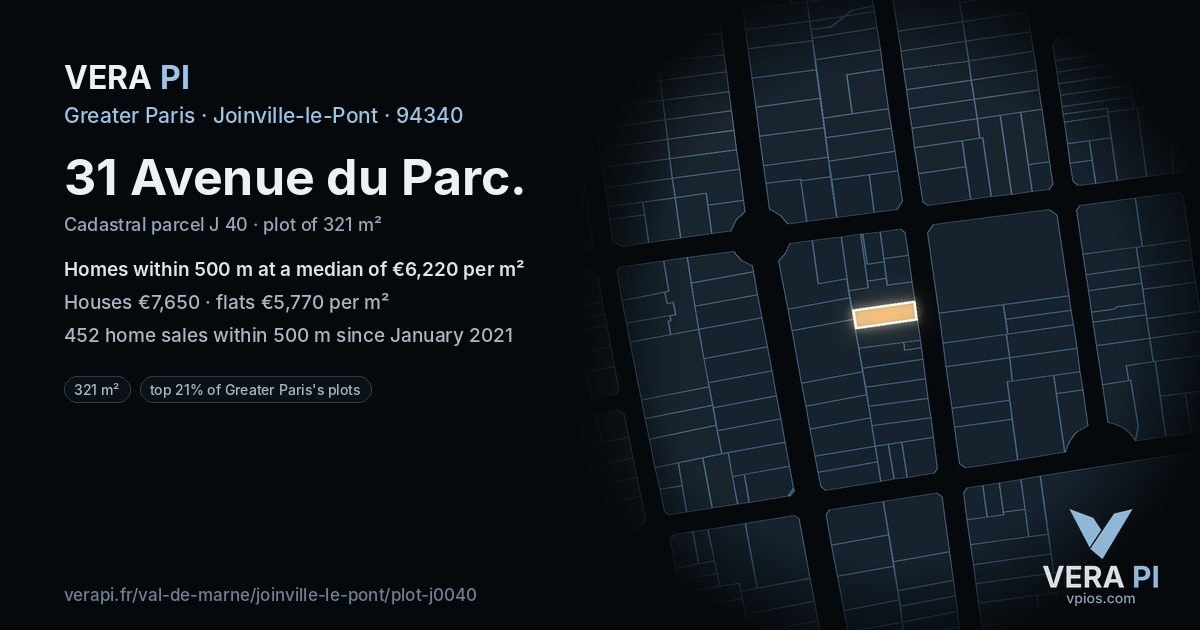 31 Avenue du Parc, Joinville-le-Pont at night – the plot lit, the parcels around coloured by the prices near them