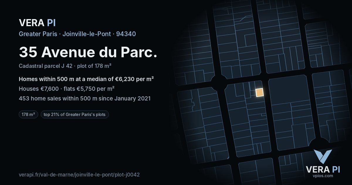 35 Avenue du Parc, Joinville-le-Pont at night – the plot lit, the parcels around coloured by the prices near them