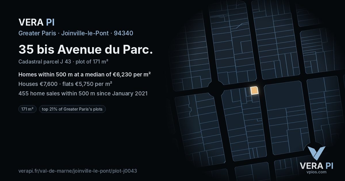 35 bis Avenue du Parc, Joinville-le-Pont at night – the plot lit, the parcels around coloured by the prices near them