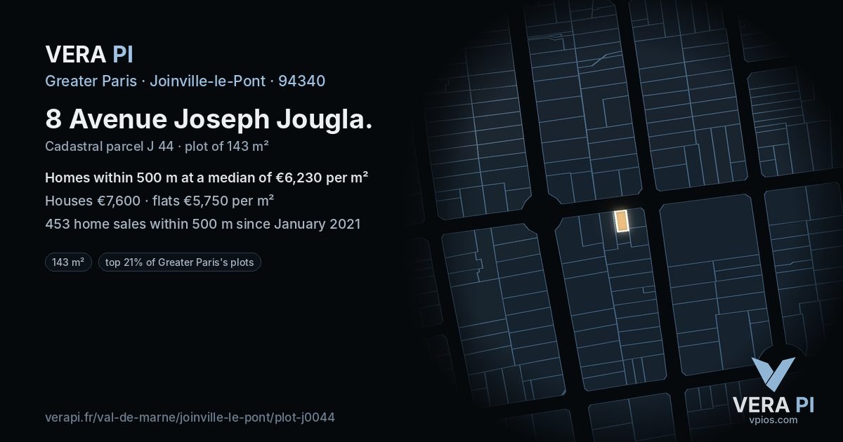8 Avenue Joseph Jougla, Joinville-le-Pont at night – the plot lit, the parcels around coloured by the prices near them