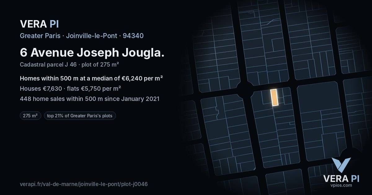 6 Avenue Joseph Jougla, Joinville-le-Pont at night – the plot lit, the parcels around coloured by the prices near them