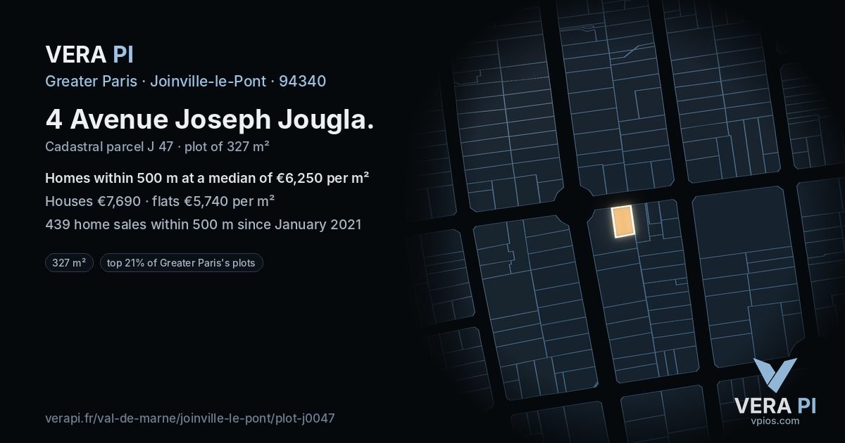 4 Avenue Joseph Jougla, Joinville-le-Pont at night – the plot lit, the parcels around coloured by the prices near them