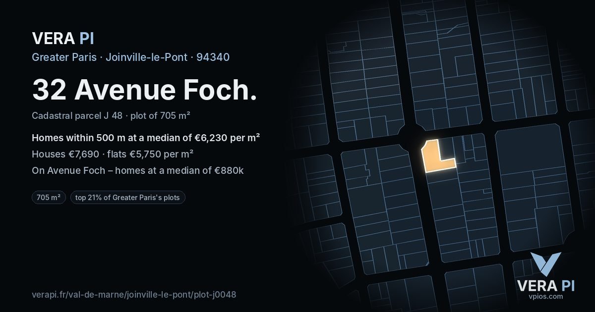 32 Avenue Foch, Joinville-le-Pont at night – the plot lit, the parcels around coloured by the prices near them