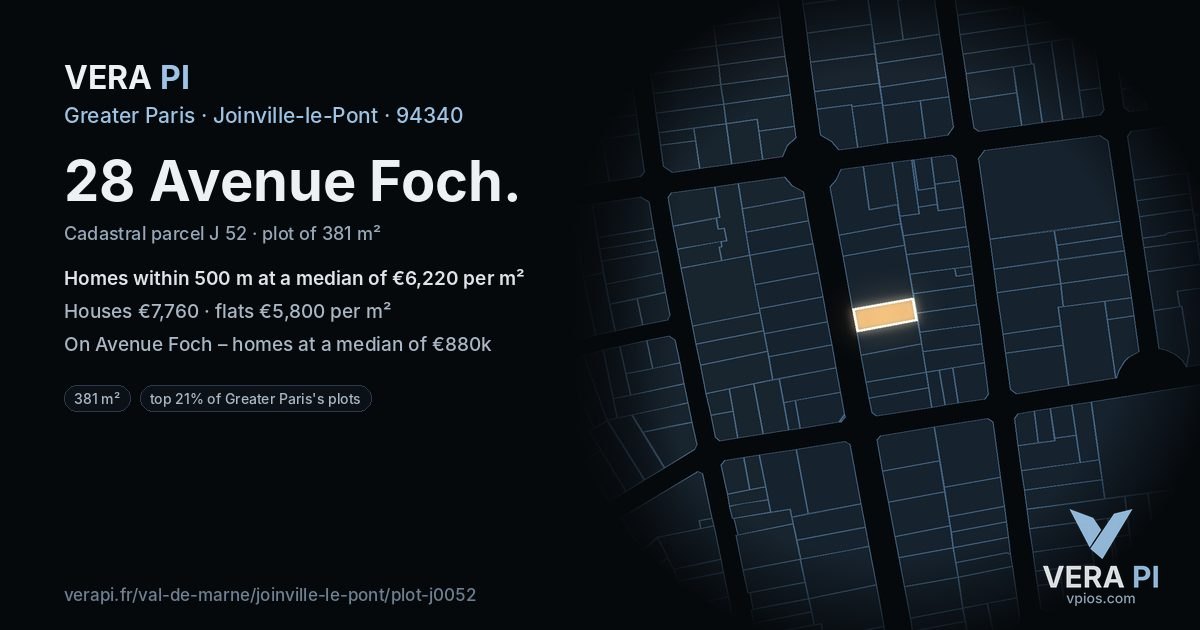 28 Avenue Foch, Joinville-le-Pont at night – the plot lit, the parcels around coloured by the prices near them