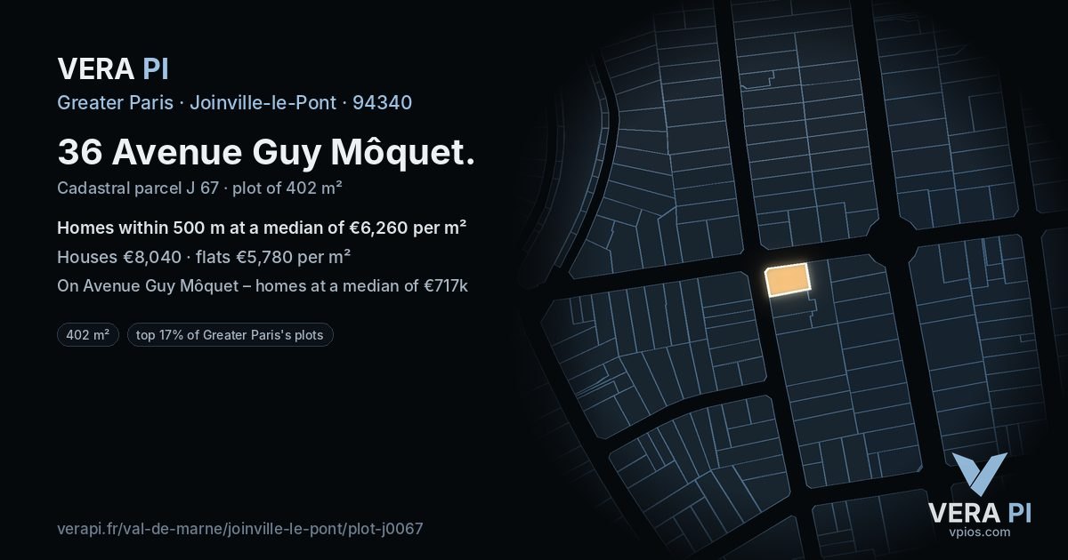 36 Avenue Guy Môquet, Joinville-le-Pont at night – the plot lit, the parcels around coloured by the prices near them