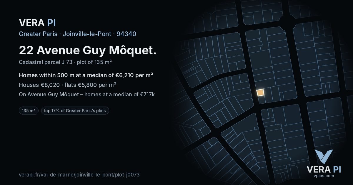 22 Avenue Guy Môquet, Joinville-le-Pont at night – the plot lit, the parcels around coloured by the prices near them