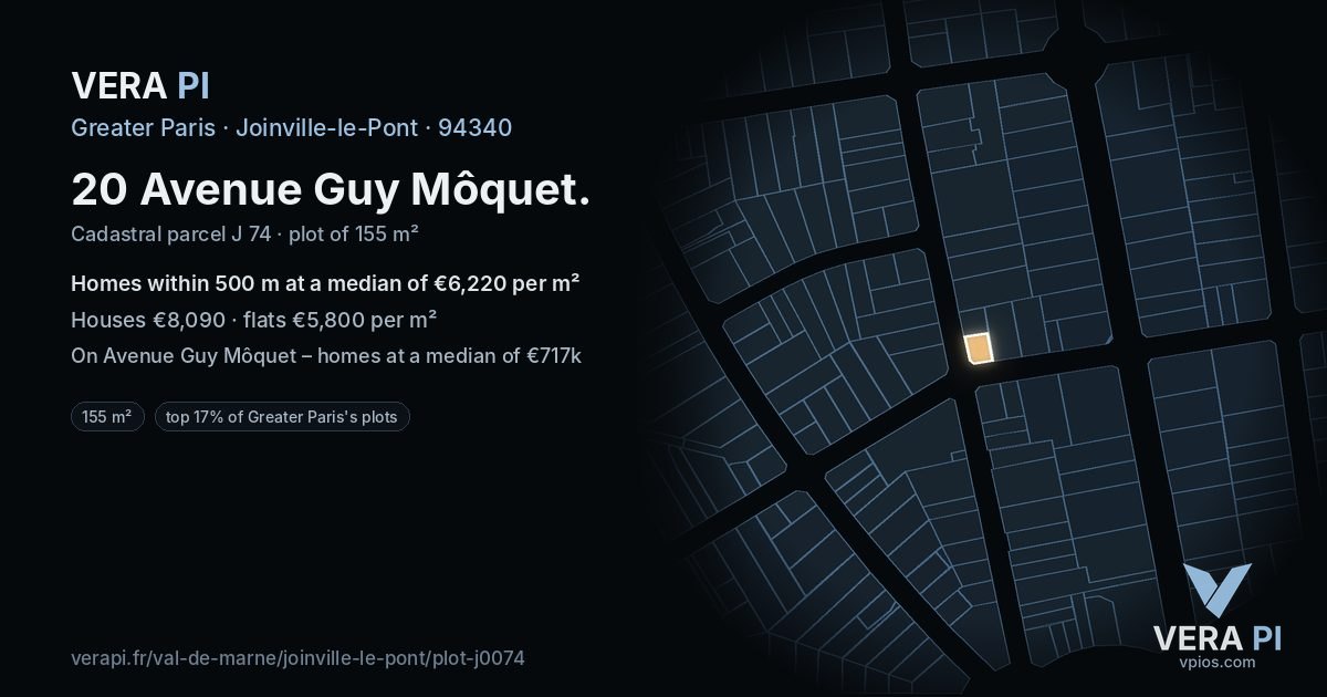 20 Avenue Guy Môquet, Joinville-le-Pont at night – the plot lit, the parcels around coloured by the prices near them