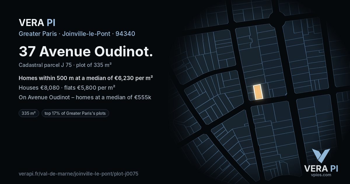 37 Avenue Oudinot, Joinville-le-Pont at night – the plot lit, the parcels around coloured by the prices near them
