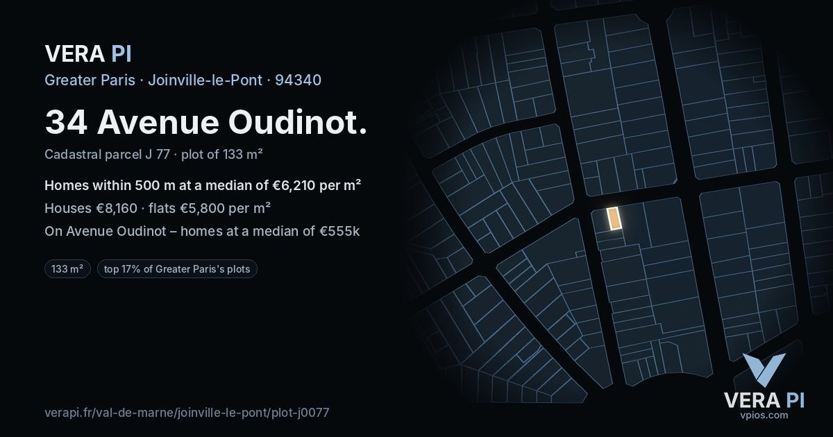 34 Avenue Oudinot, Joinville-le-Pont at night – the plot lit, the parcels around coloured by the prices near them
