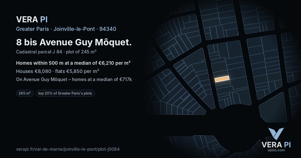 8 bis Avenue Guy Môquet, Joinville-le-Pont at night – the plot lit, the parcels around coloured by the prices near them