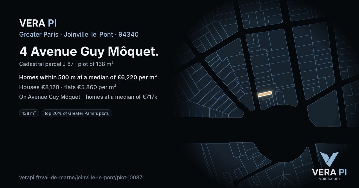 4 Avenue Guy Môquet, Joinville-le-Pont at night – the plot lit, the parcels around coloured by the prices near them