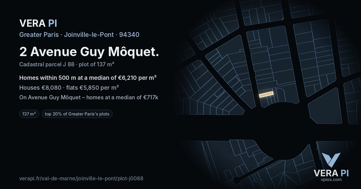 2 Avenue Guy Môquet, Joinville-le-Pont at night – the plot lit, the parcels around coloured by the prices near them
