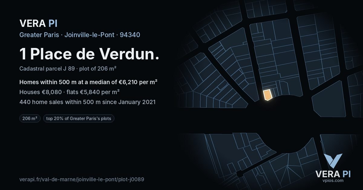 1 Place de Verdun, Joinville-le-Pont at night – the plot lit, the parcels around coloured by the prices near them