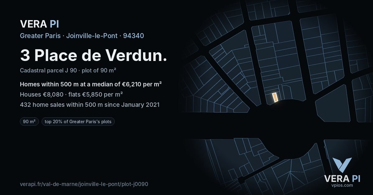 3 Place de Verdun, Joinville-le-Pont at night – the plot lit, the parcels around coloured by the prices near them