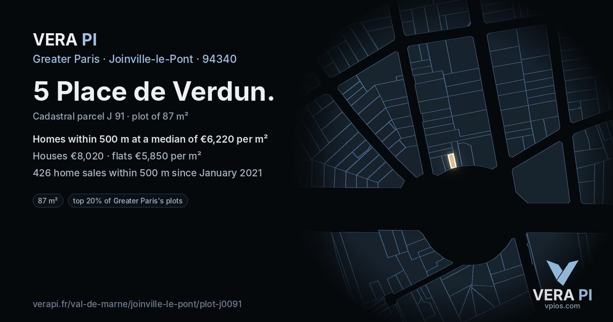 5 Place de Verdun, Joinville-le-Pont at night – the plot lit, the parcels around coloured by the prices near them