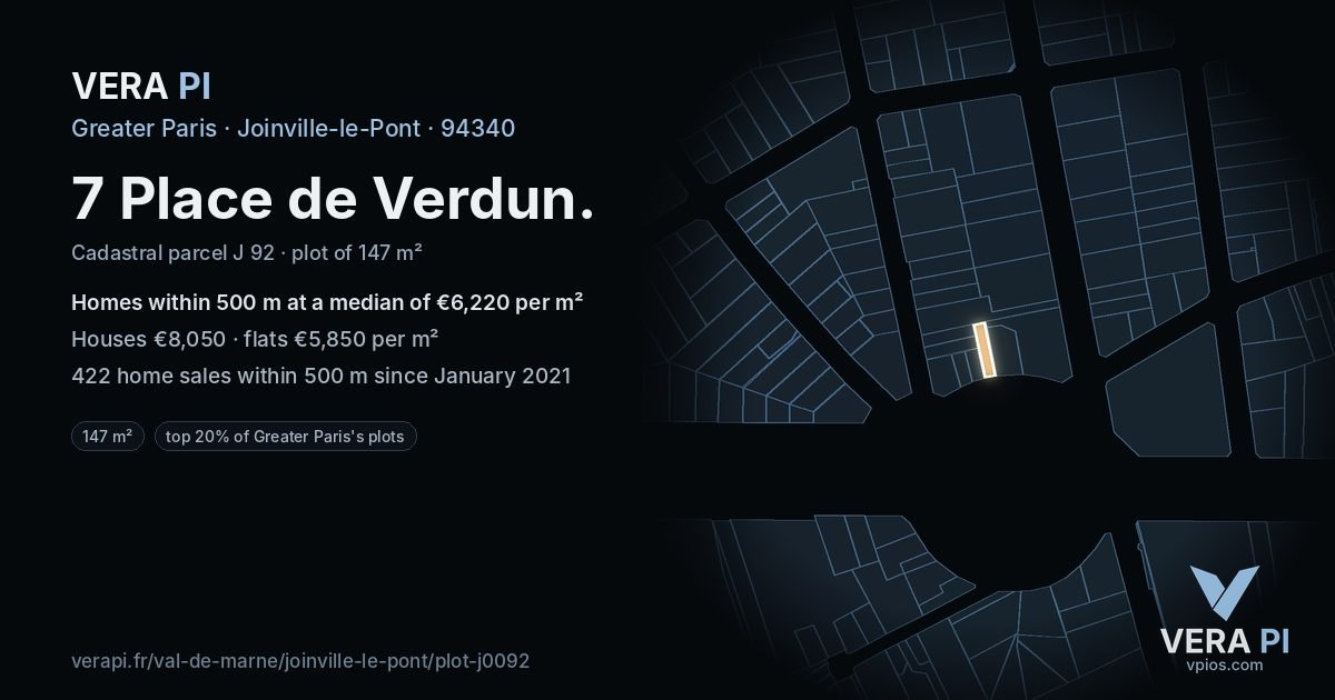 7 Place de Verdun, Joinville-le-Pont at night – the plot lit, the parcels around coloured by the prices near them