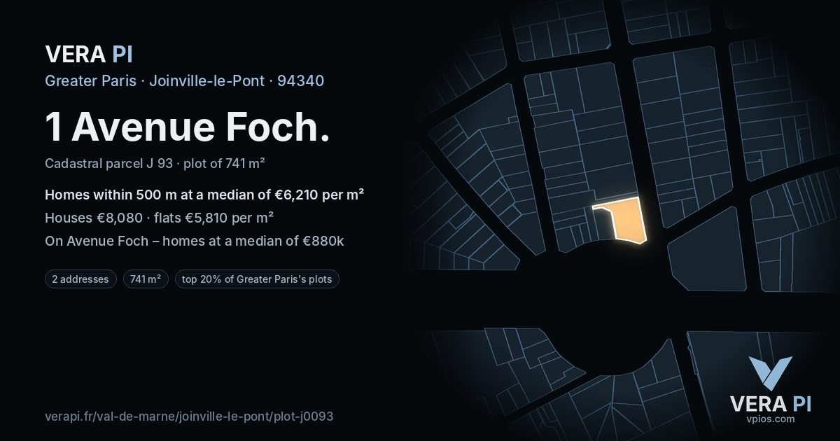 1 Avenue Foch, Joinville-le-Pont at night – the plot lit, the parcels around coloured by the prices near them