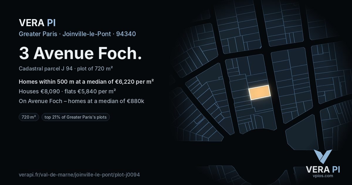 3 Avenue Foch, Joinville-le-Pont at night – the plot lit, the parcels around coloured by the prices near them