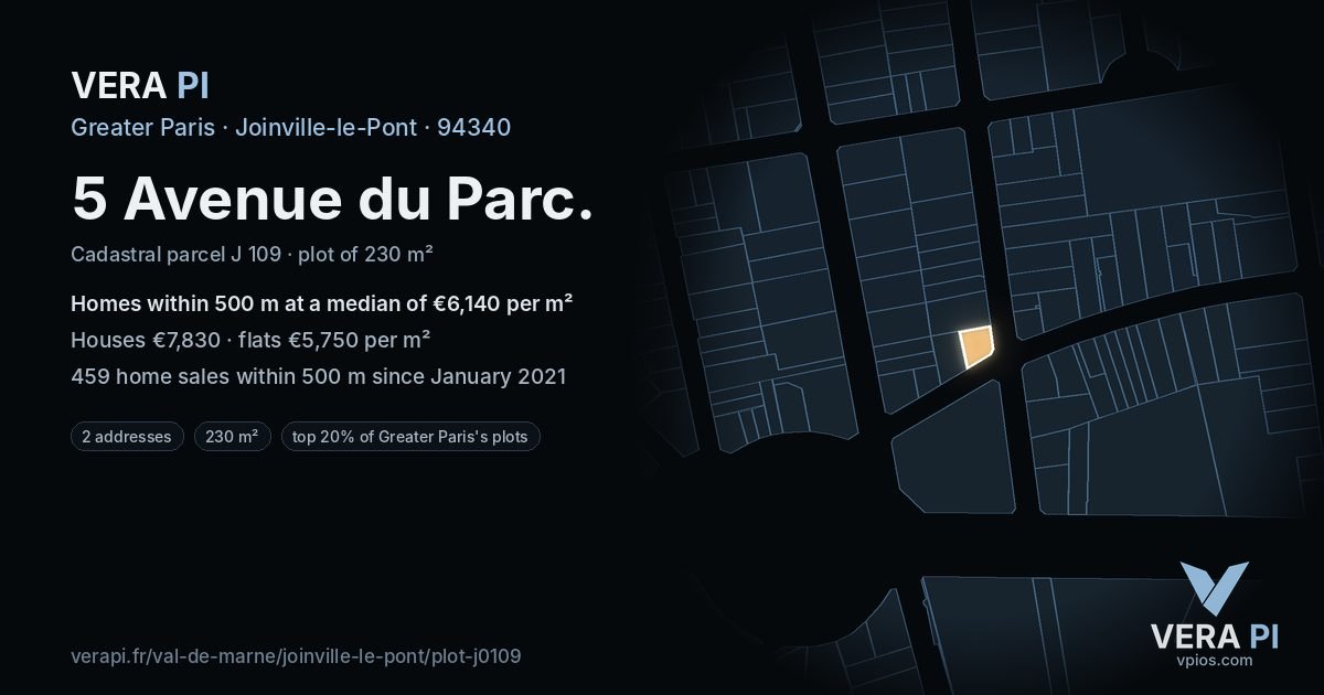 5 Avenue du Parc, Joinville-le-Pont at night – the plot lit, the parcels around coloured by the prices near them