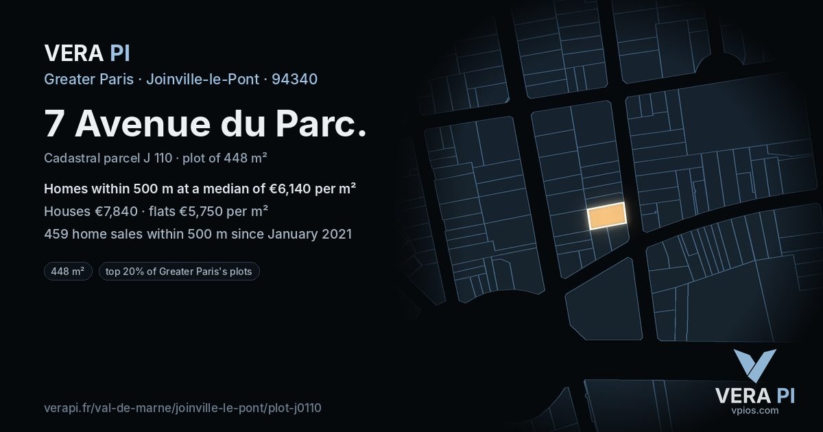 7 Avenue du Parc, Joinville-le-Pont at night – the plot lit, the parcels around coloured by the prices near them
