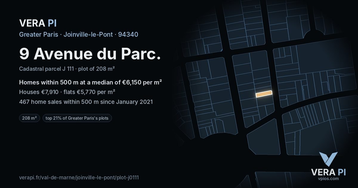 9 Avenue du Parc, Joinville-le-Pont at night – the plot lit, the parcels around coloured by the prices near them