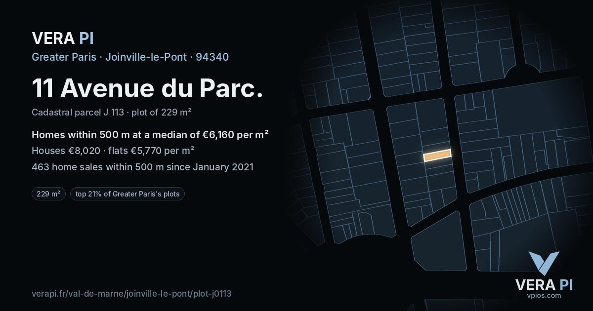 11 Avenue du Parc, Joinville-le-Pont at night – the plot lit, the parcels around coloured by the prices near them