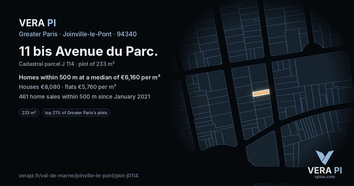 11 bis Avenue du Parc, Joinville-le-Pont at night – the plot lit, the parcels around coloured by the prices near them