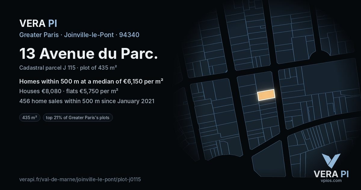 13 Avenue du Parc, Joinville-le-Pont at night – the plot lit, the parcels around coloured by the prices near them