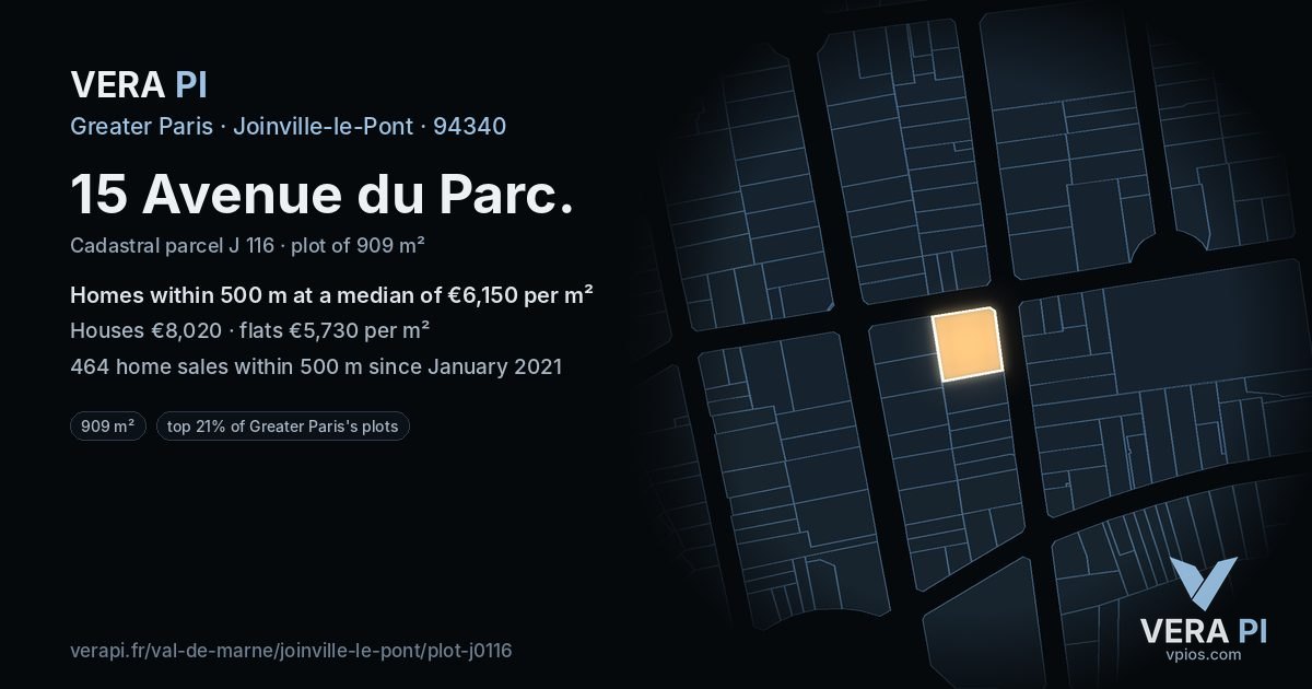 15 Avenue du Parc, Joinville-le-Pont at night – the plot lit, the parcels around coloured by the prices near them