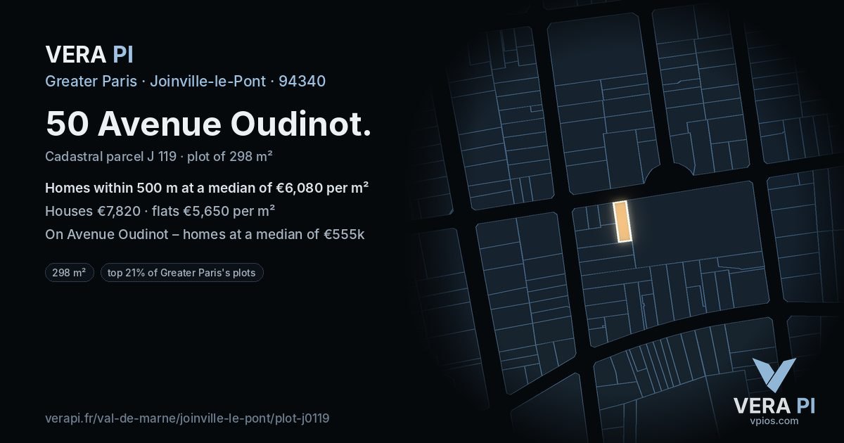50 Avenue Oudinot, Joinville-le-Pont at night – the plot lit, the parcels around coloured by the prices near them