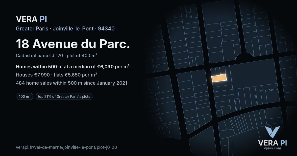 18 Avenue du Parc, Joinville-le-Pont at night – the plot lit, the parcels around coloured by the prices near them