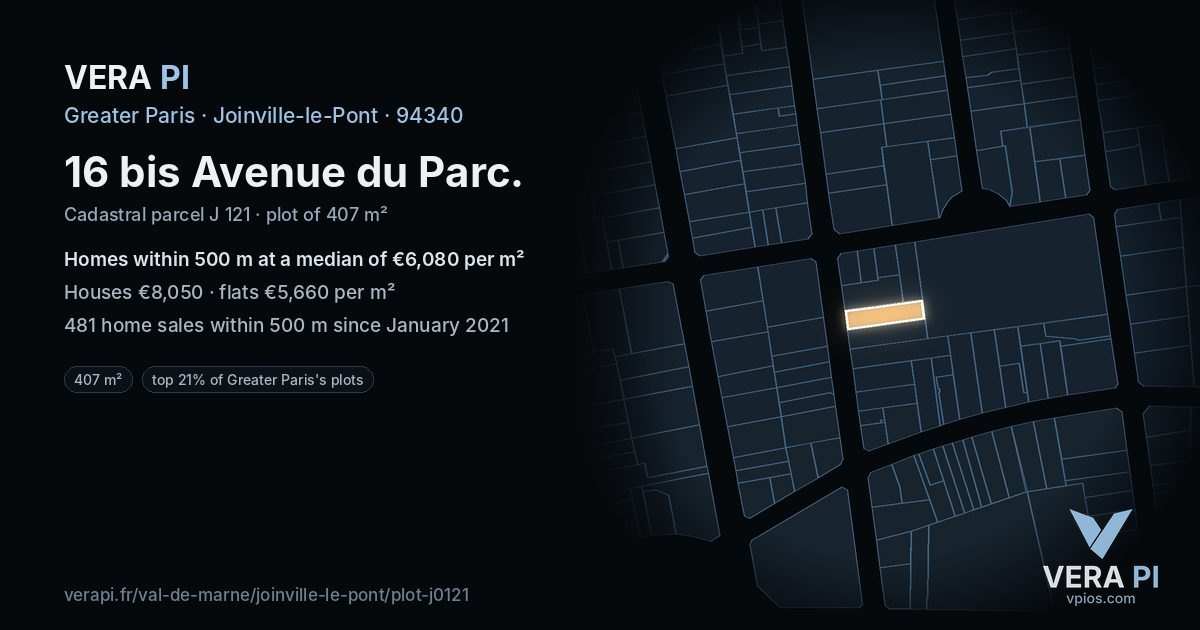 16 bis Avenue du Parc, Joinville-le-Pont at night – the plot lit, the parcels around coloured by the prices near them