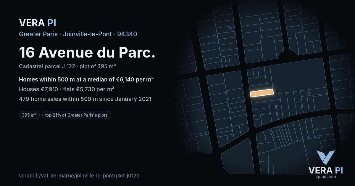 16 Avenue du Parc, Joinville-le-Pont at night – the plot lit, the parcels around coloured by the prices near them