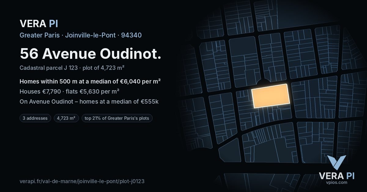 56 Avenue Oudinot, Joinville-le-Pont at night – the plot lit, the parcels around coloured by the prices near them