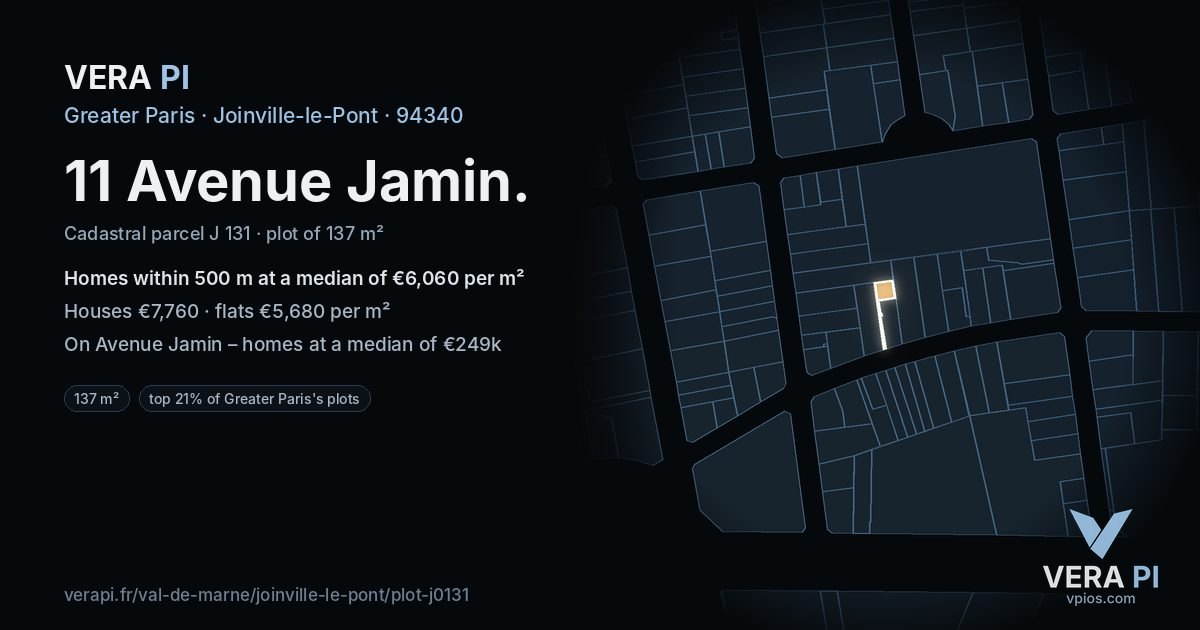 11 Avenue Jamin, Joinville-le-Pont at night – the plot lit, the parcels around coloured by the prices near them