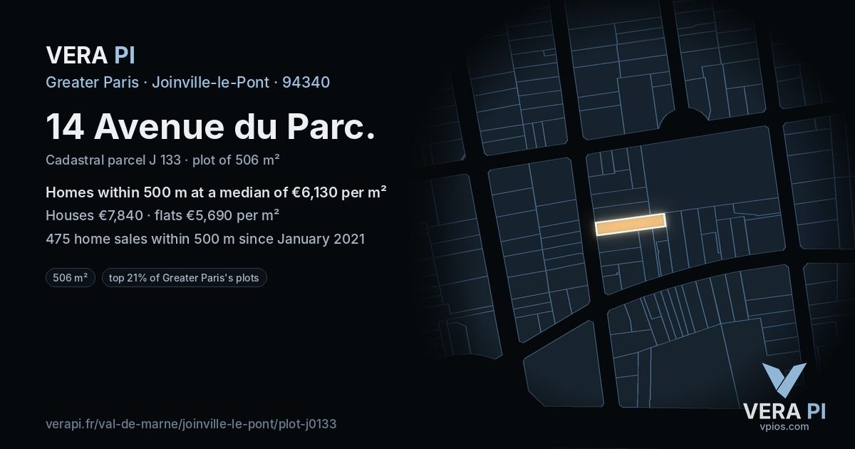 14 Avenue du Parc, Joinville-le-Pont at night – the plot lit, the parcels around coloured by the prices near them