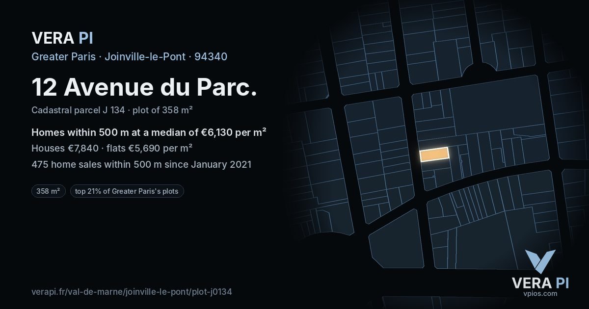 12 Avenue du Parc, Joinville-le-Pont at night – the plot lit, the parcels around coloured by the prices near them